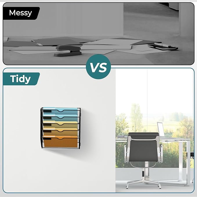 SUPEASY 5 Tier Wall File Organizer, Hanging Wall Mounted Mail Organizer with Label Slots, Metal Mesh File Holder Magazine Rack for Office, Home, School or Classroom, Black