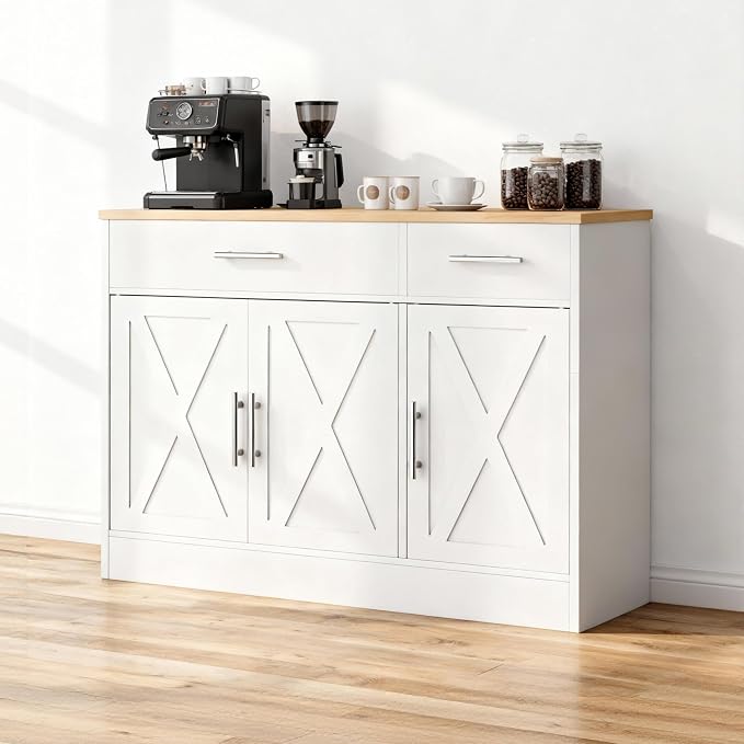 Kitchen Buffet Sideboard Cabinet with Storage, Farmhouse Kitchen Cabinet with 3 Doors and 2 Drawers, Coffee Bar Cabinet with Storage for Living Room, White