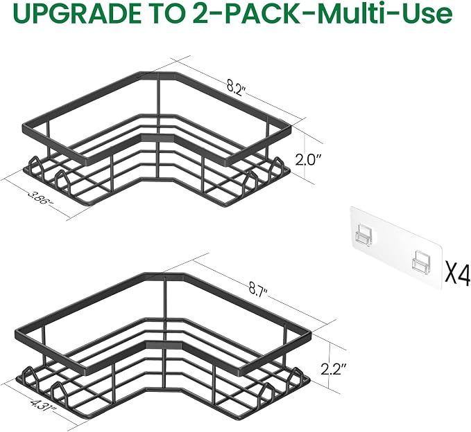 Adhesive Shower Caddy, 2 Pack Corner Bath Organizer, Rustproof Stainless Steel Shower Shelves with Large Capacity, No Drilling Shelves for Bathroom Storage, Home, Kitchen Décor