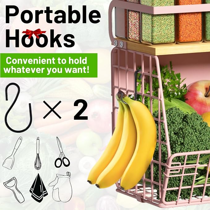 Magnetic Shelf for Fridge with Wood Lid, Fruit Potato and Onion Storage Bins, Pantry Organizers & Storage, Large Container Magnetic Spice Rack for Refrigerator, Kitchen Counter, Cabinet (Pink, 1)