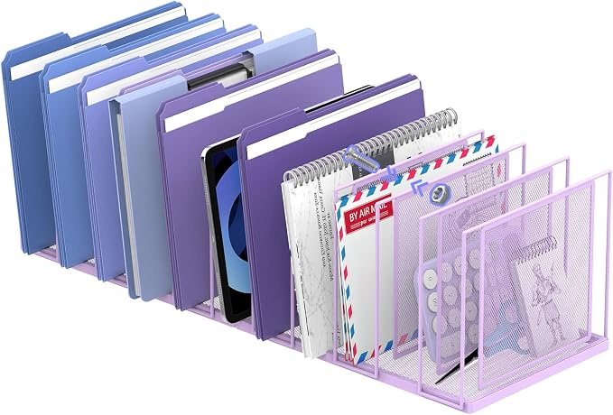 File Organizer for Desk, 11-Section Vertical File Sorter, Paper Holder Organizer Standing Metal File Folder for Office Home Classroom, Purple