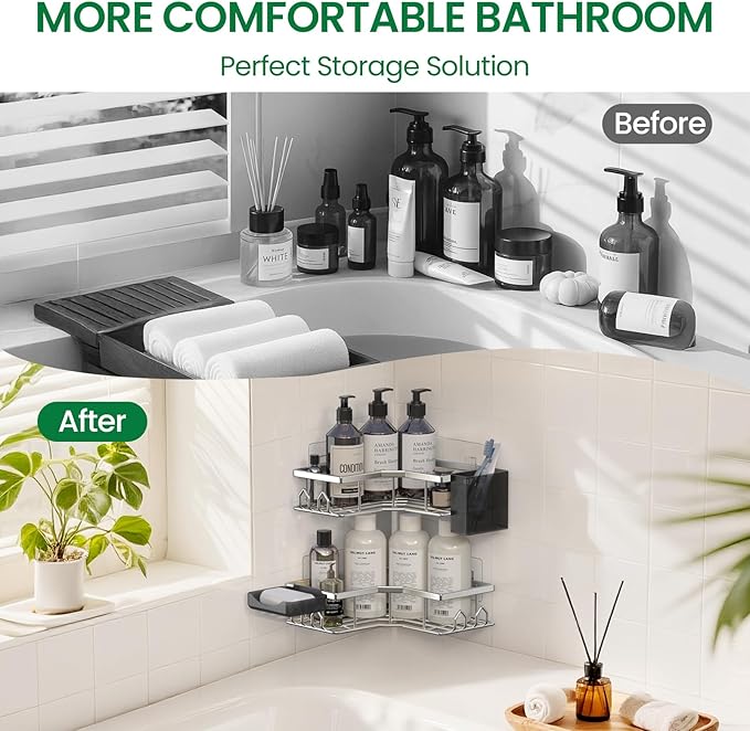 Adhesive Shower Caddy, 4 Pack Corner Bath Organizer, Rustproof Stainless Steel Shower Shelves with Large Capacity, No Drilling Shelves for Bathroom Storage, Home, Kitchen Decor (Silver).