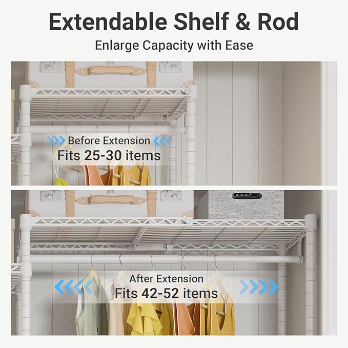 VIPEK X3 Plus Large Expandable Closet Rack Wardrobe Closet Organizer White | Freestanding Clothes Racks with Adjustable Shelves and Hanger Rods from 5'10" to 8'8", Large Modular Closet Systems 1360LBS