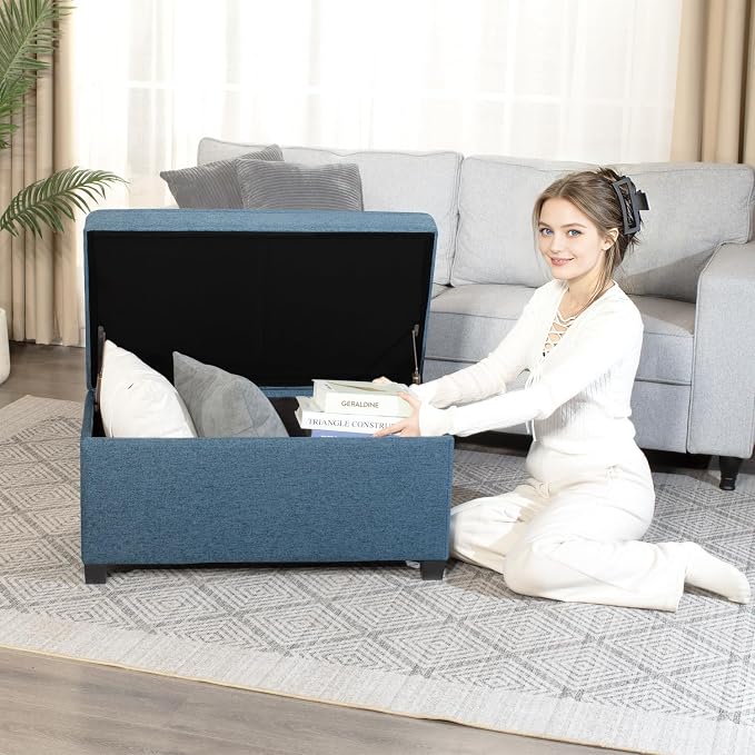 Adeco 31 Inches Storage Ottoman Bench, Non-Folding End of Bed Foot Rest Stools Ottoman with Thicker Foam Padded Seat, Upholstered Storage Chest for Living Room, Entryway, Bedroom
