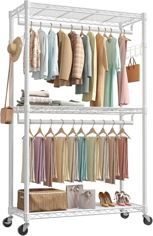 OLIXIS Clothes Rack Heavy Duty Adjustable Garment Clothing Rack with Wheels, Rolling Metal Freestanding Closet Organizer for Hanging Clothes with 2 Side Hooks, Double Rods, 47"x17"x80", White