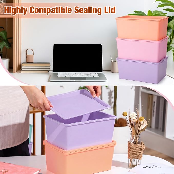 6 Pcs Storage Bins with Lids Small Plastic Storage Containers Stackable Storing Baskets Box Cute Organizer Bins for Organizing Shelves (Pink,Purple)