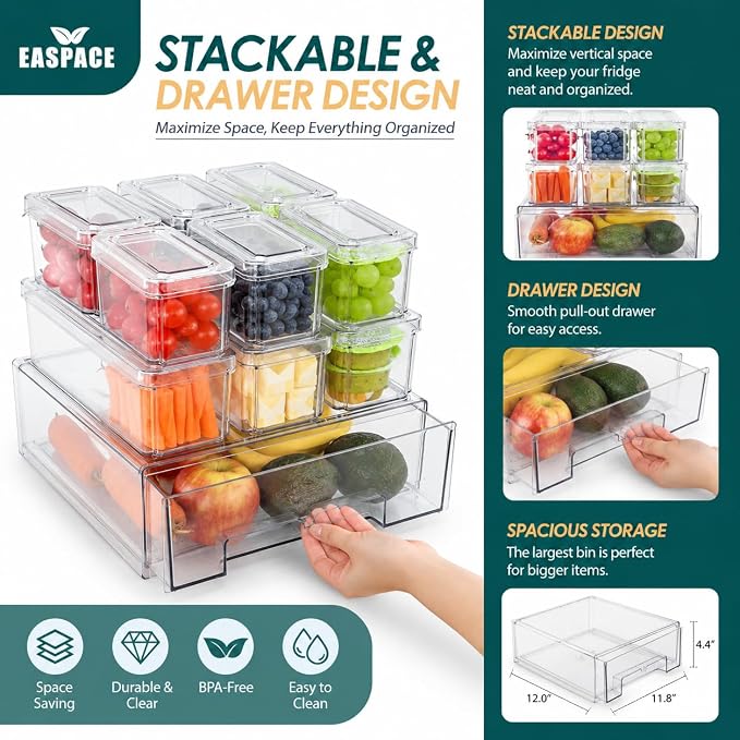 Fridge Organizer Bins with Drawer, 10-Pack Clear Stackable Container Set, BPA-Free Plastic Refrigerator Storage Containers for Food, Fruits, Vegetables, Meats, Salads (Multi-Purpose)