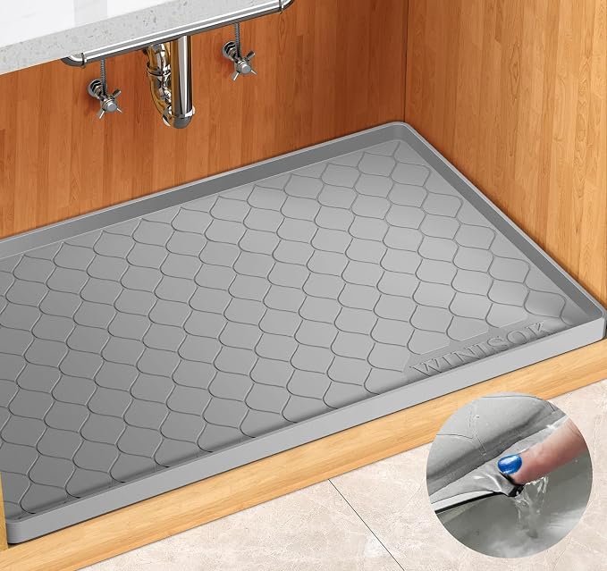 Winisok Waterproof Under Sink Mat 22" x 22", Silicone Mat, Light Gray | Raised Edge Traps Spills & Leaks, Shelf Liner, Cabinet Protector, for Kitchen, Bathroom, Boots, Pets, Home Essentials