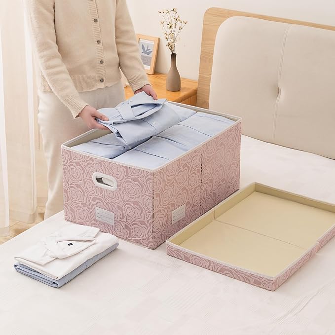 PRANDOM Jumbo Collapsible Storage Boxes with Lids Fabric Decorative Storage Bins Cubes Organizer Baskets with Cover Handles Divider for Bedroom Closet Living Room 23.2x15.7x11.8 Inch 3 Pack