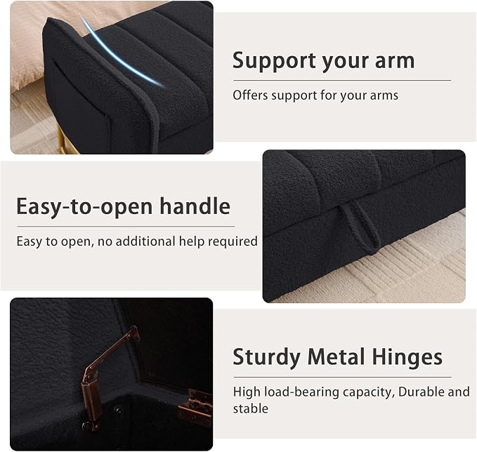 66" End of Bed Bench King Size, Teddy Boucle Storage Bench for Bedroom Foot of Bed, Storage Ottoman Bench with Golden Legs and Pillows for Living Room Window Entryway, Black