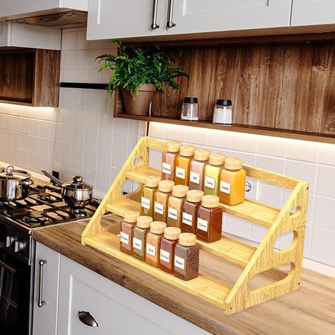 Premium Spice Rack - 3 Tier Bamboo Spice Rack Organizer - Spice Organization for Kitchen Cabinet/Countertop