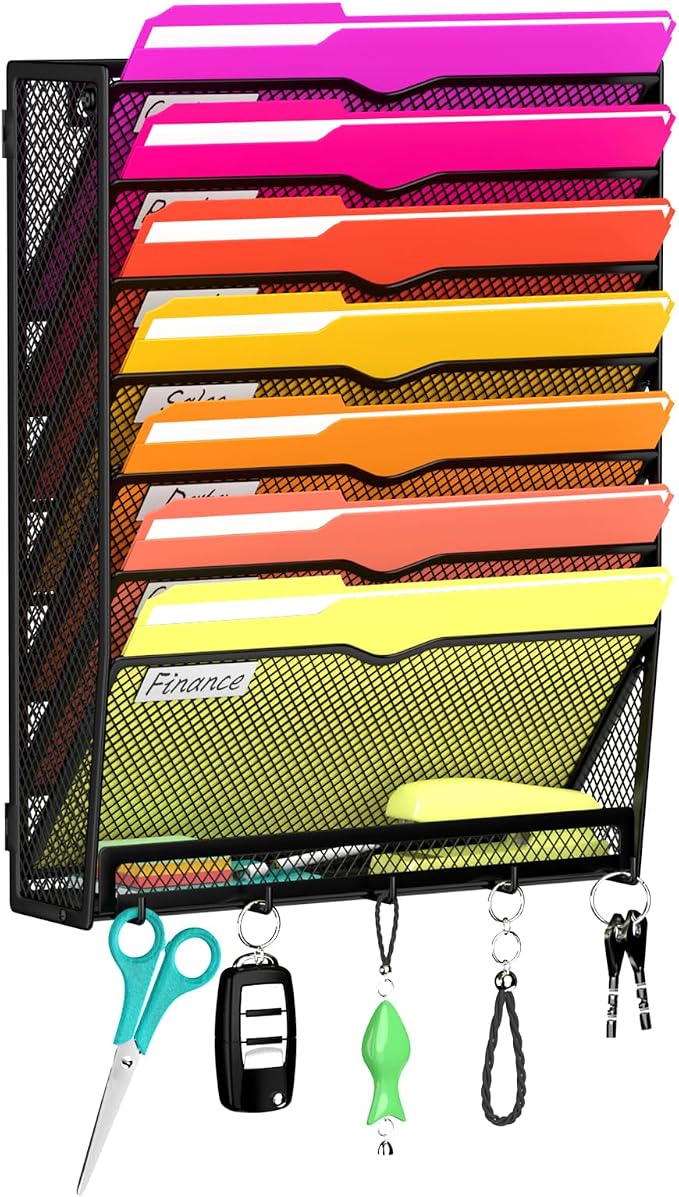 8-Tier Wall File Organizer with Base and Hooks, Hanging Organizer, Black | Wall Organizer and Wall File Holder with 8 Vertical Pockets and Bottom Tray for Files, Mail, Folders, Magazines and Paper