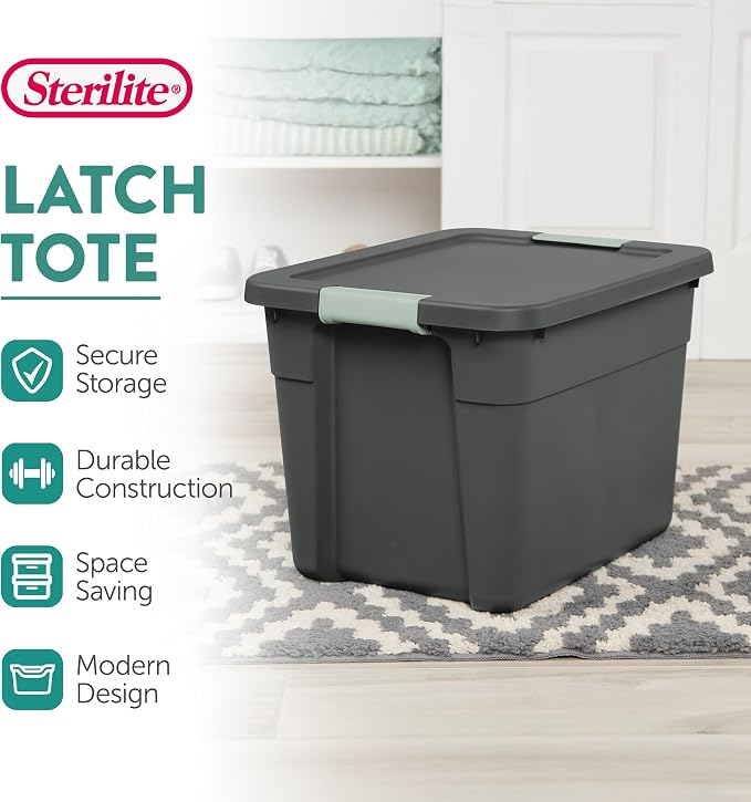 Sterilite 24 Pack Latch Tote, Stackable Plastic Storage Container, 12 Gallon, Gray/Green