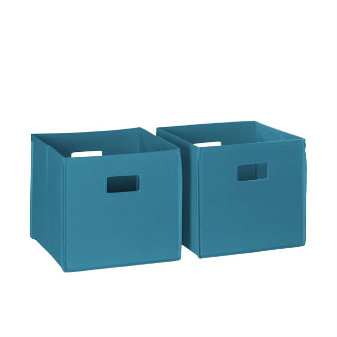 RiverRidge Folding Storage Bins - 2-pack of 10in Tall Turquoise Cubes | Fabric Bins, Set of 2 Storage Cubes, Cut-out Handles, Playroom Closet Organizer, Collapsible Cubby with Bottom Board Insert