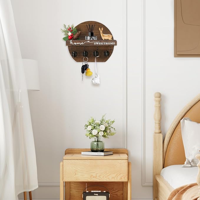 Key Holder for Wall, Key and Mail Holder Organizer - Key Holder Wall Mount with Bouquet Shelf and Key Hooks, Round Wooden Rustic Key Rack for Entryway and Home Decor (Brown)