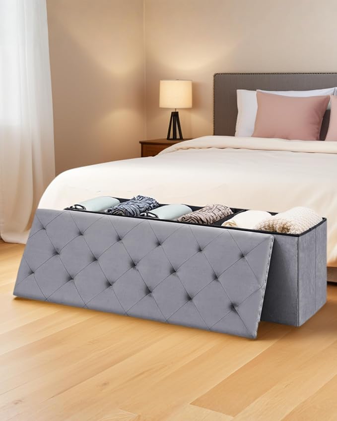 Velvet Storage Ottoman Bench, 43.3" Upholstered Tufted Ottoman with Storage, Folding Footrest Bench for Bedroom, Living Room, or Entryway, Grey