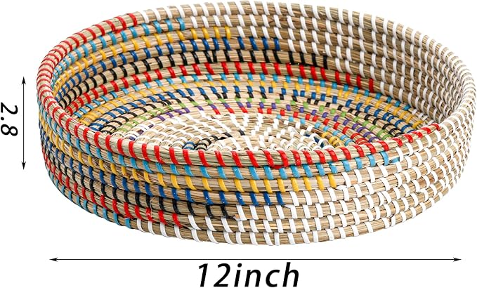 SOUJOY 12'' Woven Seagrass Serving Tray, Rattan Serving Tray, Handmade Round Ottoman Fruit Tray, Colorful Coffee Table Decorative Tray for Bread, Tea, Breakfast, Coffee, Drinks, Snack, Wall Decor