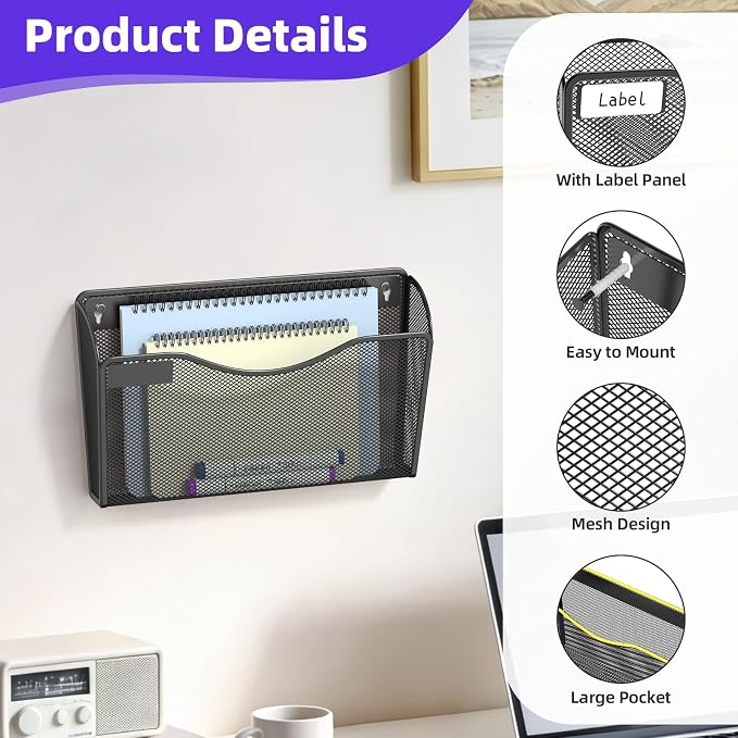 6 Pack Mesh Wall File Organizer, Wall Mount File Holder Hanging Mail Organizer Single Pocket for Office,Home,School, Black (with Label Panel)
