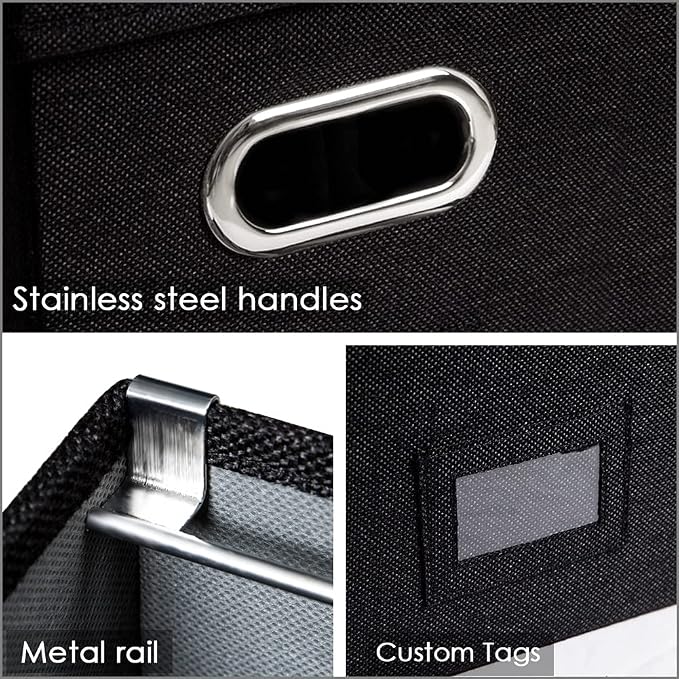 File Organizer Box - Set of 2 Collapsible Decorative Linen Filing Storage Hanging File Folders with Lids Office Cabinet Letter Size Black (14x9.3x10.8 inch)