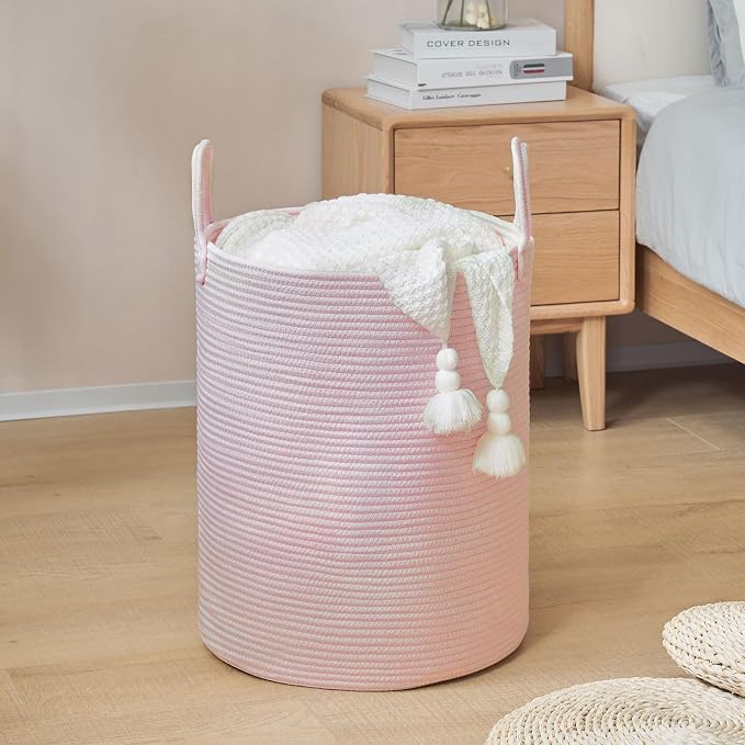 YOUDENOVA Cotton Rope Laundry Hamper Basket, 58L Blanket Basket for Nursery | Large Woven Laundry Hamper with Sturdy Handles, Collapsible Home Decor Laundry Basket for Laundry, Clothes, Toys in Bedroom