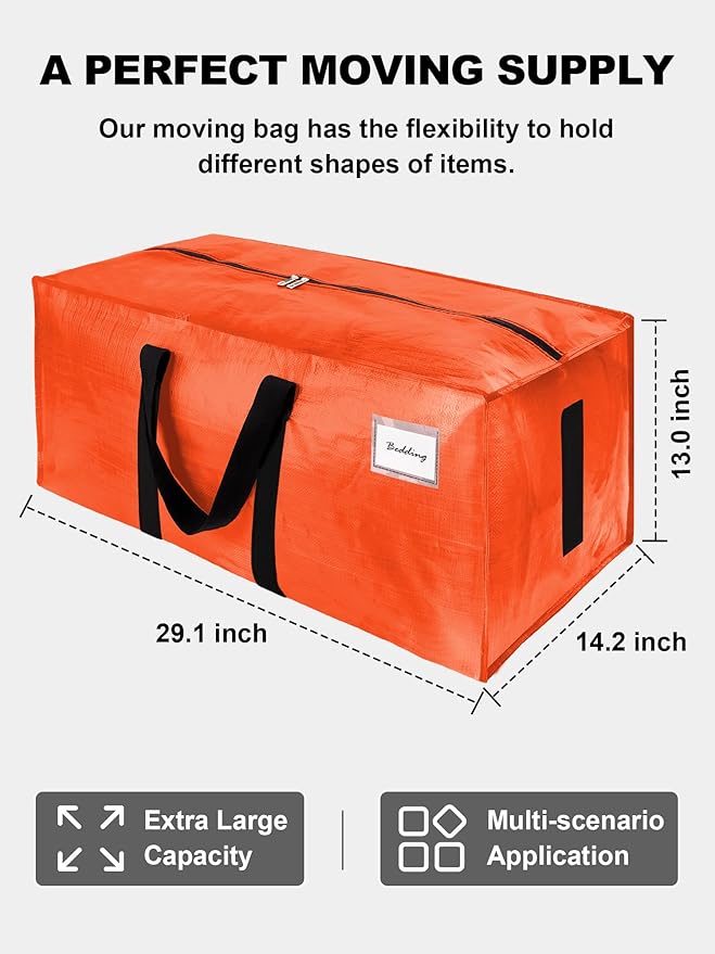 HOMESURE Supports 200lbs Heavy Duty Moving Bags - Strong Zipper & Wrap-Around Handles - Water-Resistant Storage Totes, Durable Alternative to Moving Boxes - 4 Pack - Orange
