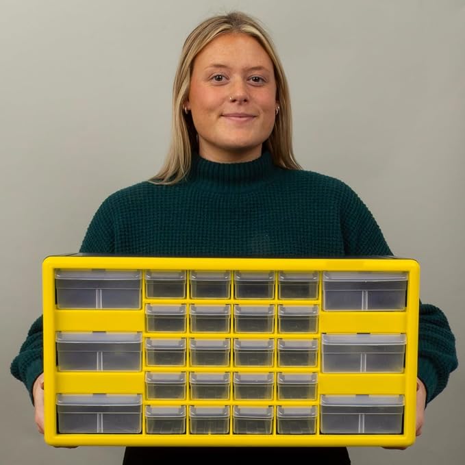 Akro-Mils 26-Drawer Plastic Storage Cabinet, 20"W x 6"D x 10"H, Yellow | Plastic Cabinet w/ Drawers for Garage Organization, Beads, Building Bricks Storage, Teacher Toolbox, Makeup Organizer, 10126