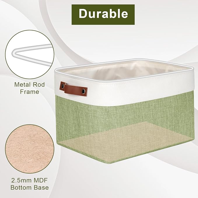Bagnizer Storage Bins Large Fabric Storage Baskets for Shelves 3 Pack, Decorative Linen Closet Baskets with Handles for Organizing, Shelf, Clothes, Home, Office, 15x11x9.5Inches (Green&White)