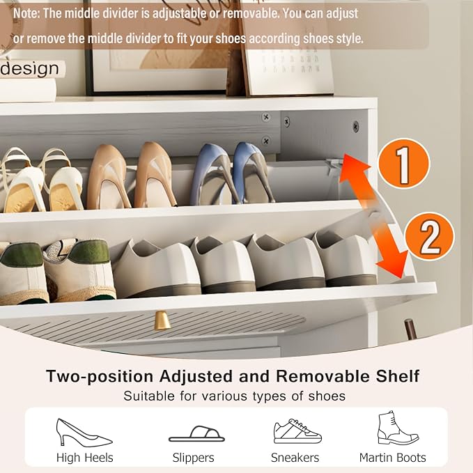 Fsbecl Shoe Storage Cabinet for Entryway with 2 Flip Drawers, Narrow Wood Shoe Cabinet with Fluted Panel, Freestanding Hidden Shoe Organizer for Hallway