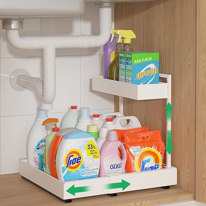 L-Shaped Under Sink Organizer with 6-Level Height Adjustment | Expandable Width, Pull-Out Cabinet Storage Rack with Quiet Sliding Rails for Kitchen, Bathroom, Laundry Room Cabinets, White