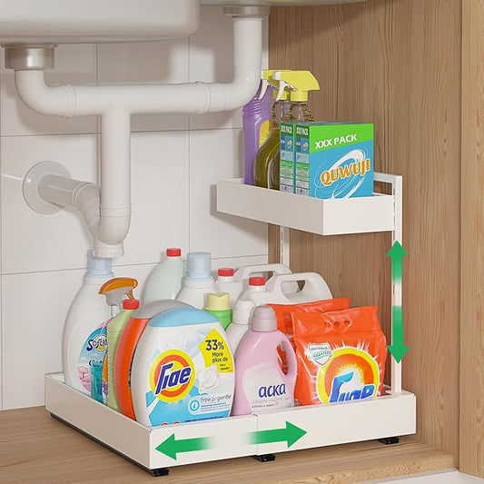 L-Shaped Under Sink Organizer with 6-Level Height Adjustment | Expandable Width, Pull-Out Cabinet Storage Rack with Quiet Sliding Rails for Kitchen, Bathroom, Laundry Room Cabinets, White