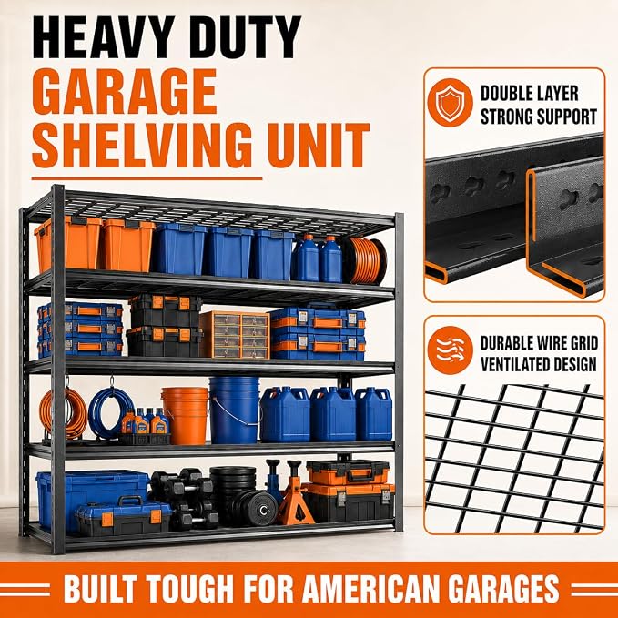 Garage Shelving, Heavy Duty Adjustable Boltless Metal Storage Shelves | 3000 LBS Industrial Steel Rack for Pantry Kitchen Basement Warehouse Storage, 72"H x 36"W x 16"D