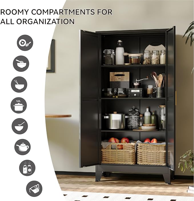 COFaR 61" Metal Pantry Cabinet in Black, Modern Storage Cabinet with Adjustable Shelves, Sturdy Metal Cupboard for Kitchen, Office, Living Room & Bathroom Organization