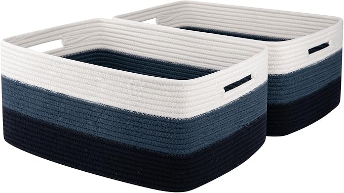 OIASKET Large Storage Basket for Organizing, Woven Rope Basket for Shelves, Closet Organizer Bins for Clothes, Blanket, Toys, Baby Nursery Storage, 17.7" x 13" x 7.87", 2 Packs Gradient Blue