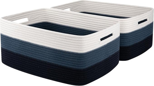 OIASKET Large Storage Basket for Organizing, Woven Rope Basket for Shelves, Closet Organizer Bins for Clothes, Blanket, Toys, Baby Nursery Storage, 17.7" x 13" x 7.87", 2 Packs Gradient Blue