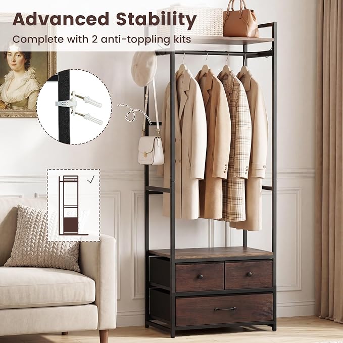 Tangkula Freestanding Small Clothes Rack, Heavy Duty Coat Rack with Drawers, Shelves, Hooks & Hanging Rod, Metal Closet Organizer Garment Rack, Industrial Hall Tree for Entryway, Hallway, Bedroom