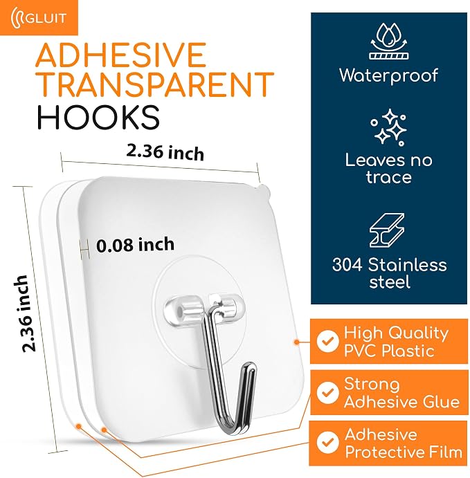Adhesive Wall Hooks for Hanging, Heavy Duty No Drill, 22 lbs, 6 Pack | GLUIT Adhesive Wall Hooks for Hanging, Transparent Waterproof Sticky Towel Hook for Bathroom Kitchen Home Outdoor