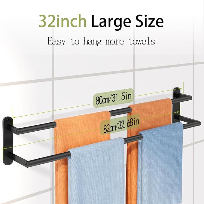 Double Towel Bar 32 Inch, Towel Racks for Bathroom, Wall Mount Bathroom Towel Holder, Stainless Steel Bathroom Towel Rack, Towel Rod Double Towel Hanger(Matte Black)