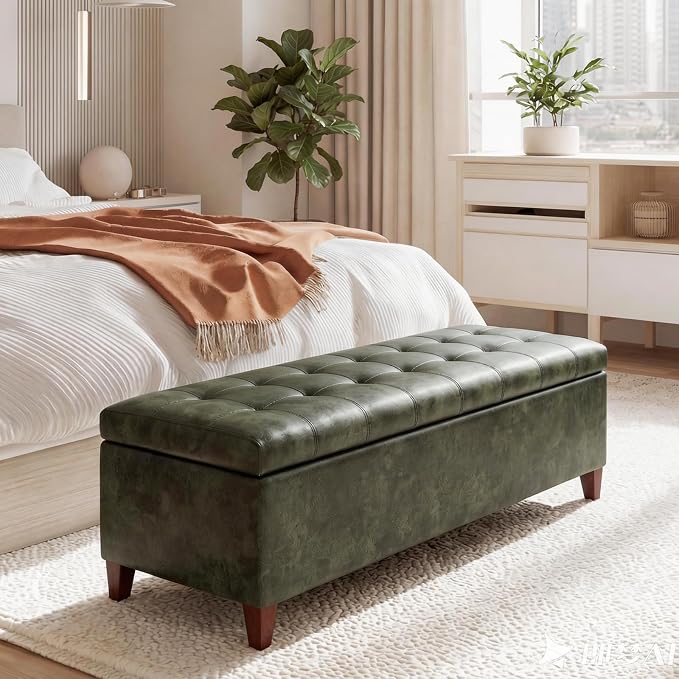 Joveco Storage Ottoman Bench, 51 Inch Tufted Leather Rectangle Bench for End Foot of Bed, Bedroom, Living Room, Deep Green
