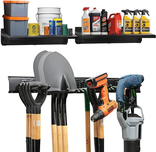 TIDYME Garage Tool Organizer Wall Mount 64", 2 Shelves & 4 Single Hooks | 2x16.5 in floating shelves hold 120 lbs each, 8.5 in hooks 50 lbs each, anti-rust carbon steel, garage organization