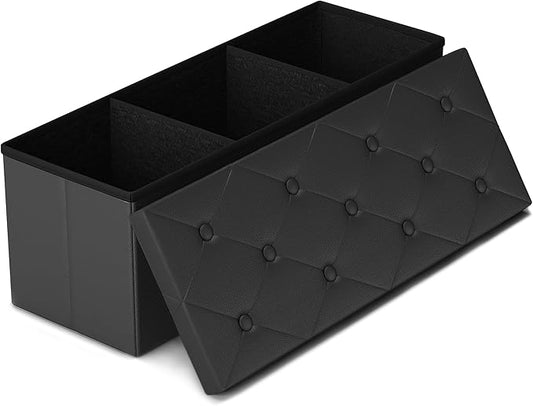 GLAXYFUR 43" Storage Ottoman Bench, Folding Ottoman with 2 Dividers, Black | End of Bed Bench, PU Leather Foot Rest, Storage Chest for Living Room, Bedroom and Entryway