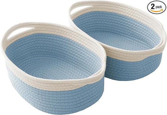 JMvicyroam Small Woven Basket, Empty Gift Basket, White&Blue/2 Pack | Small Gift Basket, Cotton Rope, 12 x 8 x 64 in, Handles, Includes Ribbon and Bag, Birthday Gift Basket