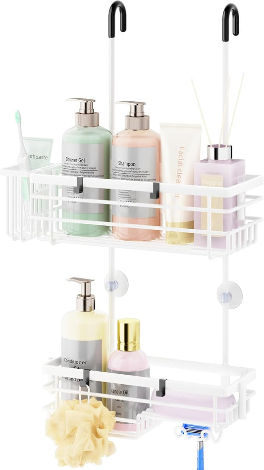 HapiRm Hanging Shower Caddy Organizer - No Drilling Shower Shelves with Hooks and Toothbrush Holder, Rustproof 304 Stainless Steel Bathroom Organizer - White