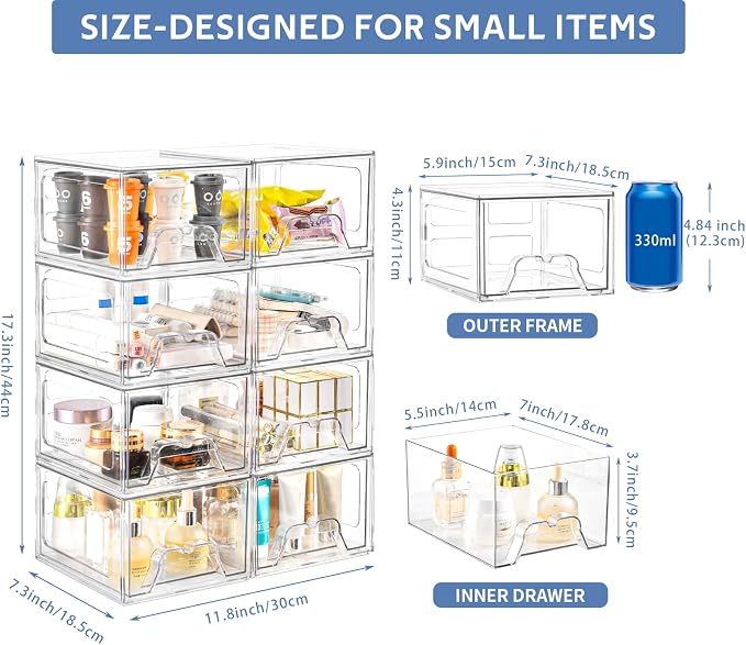 8Pack Acrylic Storage Drawers, Clear Stackable Storage Drawers, Acrylic Storage Bins with Drawers for Fridge Organizers, PlasticDrawers Stackable for Makeup Organizers Cosmetic Display