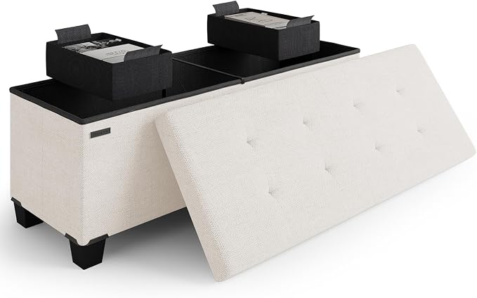 Storage Ottoman Bench with Bins, 43-in Storage Bench for Bedroom End of Bed, Folding Foot Rest Ottoman for Living Room Max 660lbs, Fabric Ottomans, Beige