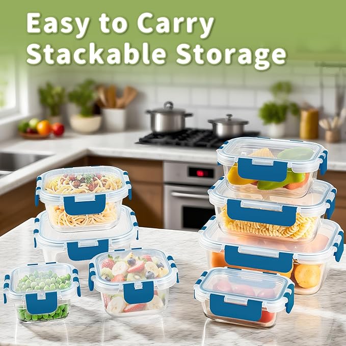 HOMBERKING 8 Pack Glass Food Storage Containers with Lids, Meal Prep Containers, Airtight Bento Boxes with Leak Proof Locking for Microwave, Oven, Freezer and Dishwasher, BPA Free, 5-35oz, Deep blue