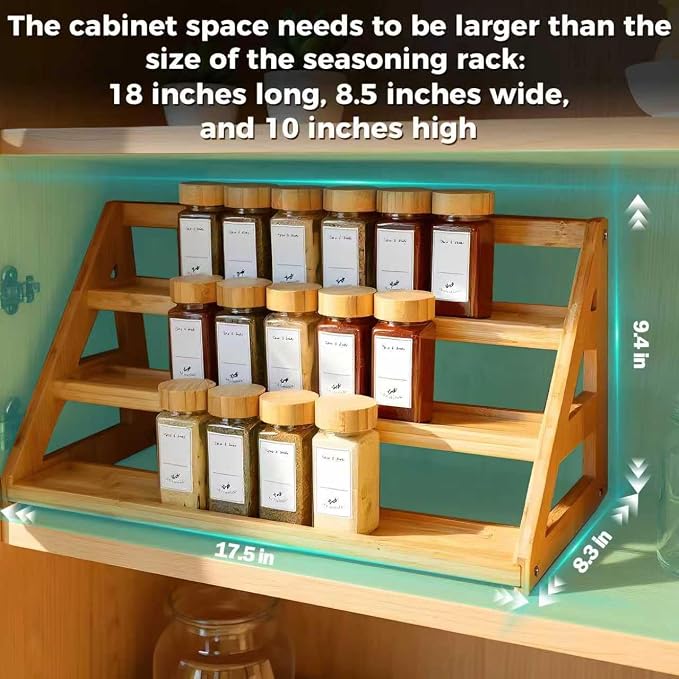 Spice Rack, Spice Organizer -3 Tier Bamboo Spice Racks, Solution for Spice Storage in Kitchens, Countertops，Storage Rooms and Other Places