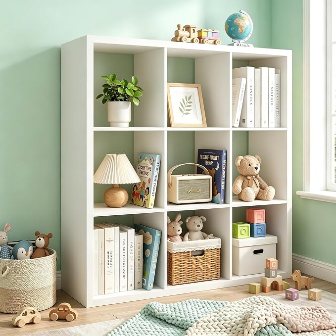 CTESNE【Wooden Thick Frame 9 Cube Storage Organizer Shelf with Anti-Tipping Kits + Reversible Open Back Bookcase, Horizontal and Vertical Dual-use Standing Bookshelf（White,13inch）