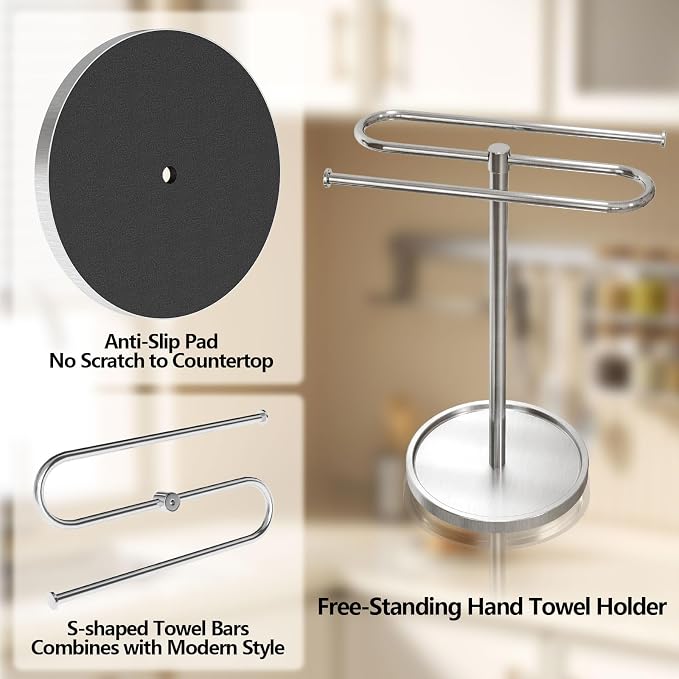Bethom Hand Towel Holder Countertop Standing for Bathroom,Brushed Nickel | S-Shape Stainless Steel Towel Stand Rack Bar Holds 2 Towels for Kitchen