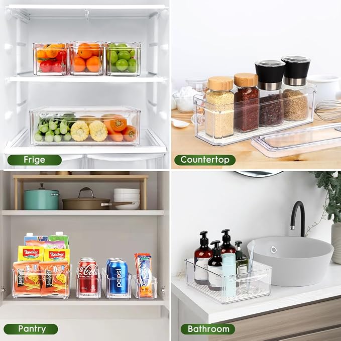 ZIJUND 4 Packs Fridge Organizers and Storage, Refrigerator Organizer Bins | Stackable BPA-Free Refrigerator Organizers and Storage Containers for Fruit, Vegetable, Food, Drinks, Cereals, Clear