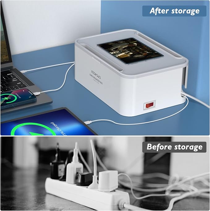 Power Strips with Cable Management Box, Surge Protector, White | Cord Organizer with 8 Outlets 3 USB Ports Switch Control, 6.6 ft Plug Extension Cord, Charging Station for Dorm, Office, Home